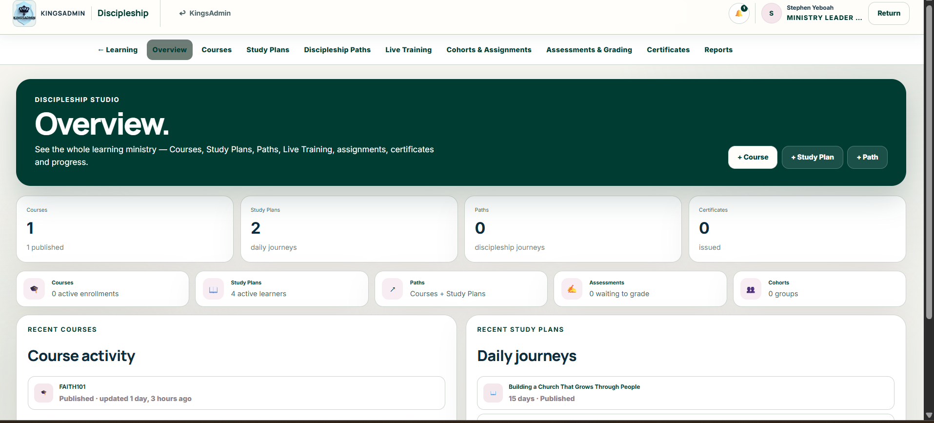 KingsAdmin Discipleship workspace showing courses, study plans, paths, training, assessments and certificates.
