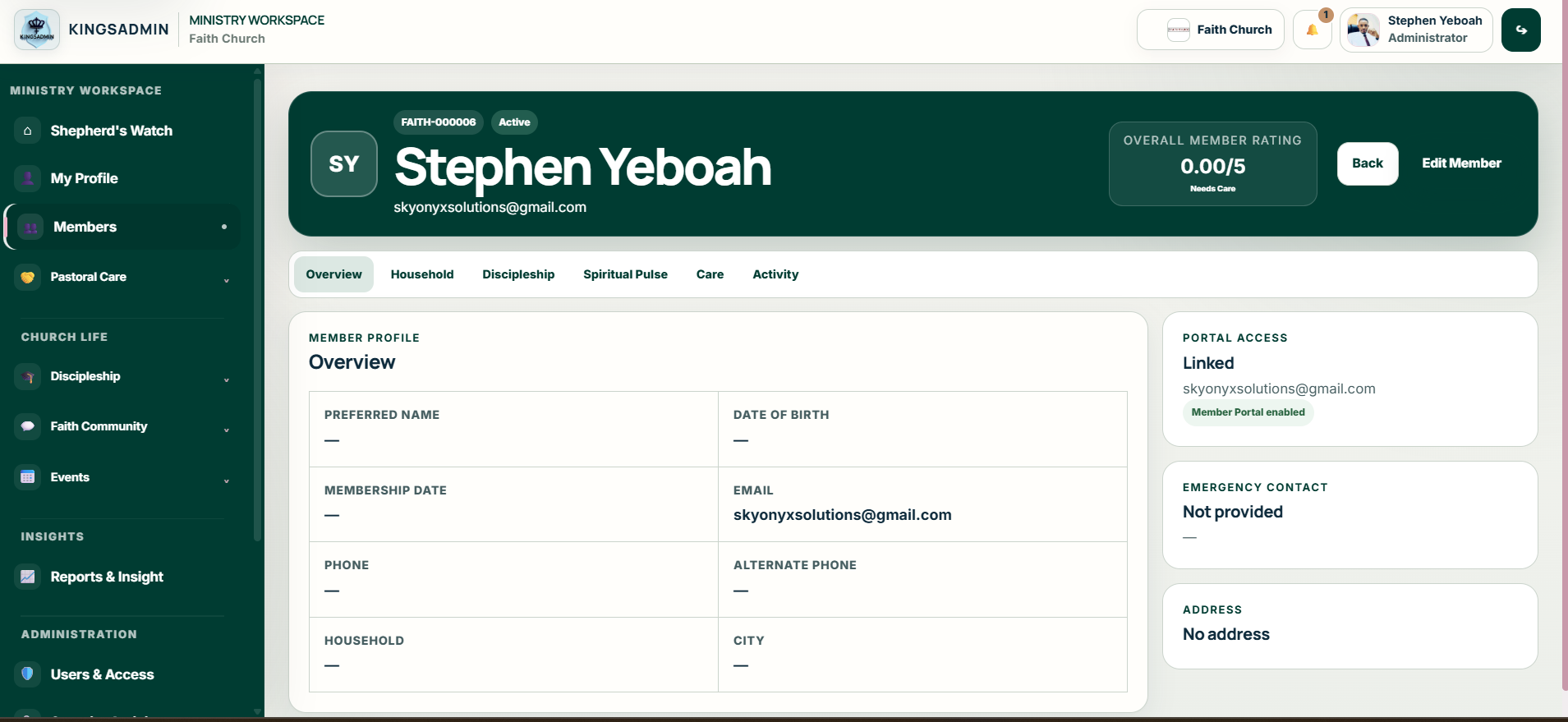 KingsAdmin Member 360 showing a connected member profile with discipleship, spiritual pulse, care and activity context.